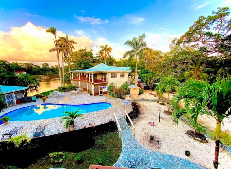 A scenic view of a tropical home with a pool surrounded by lush greenery and palm trees.