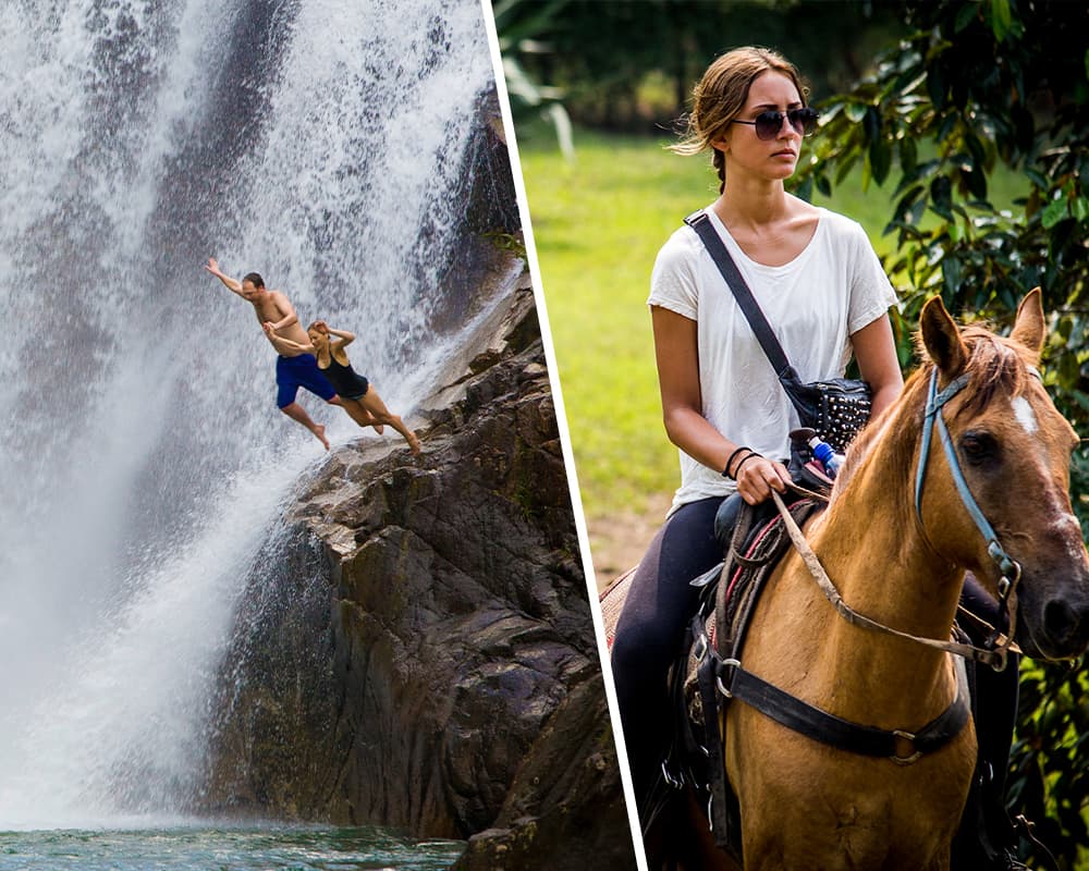 A split image showing a person jumping off a waterfall on one side and a woman riding a horse on the other.