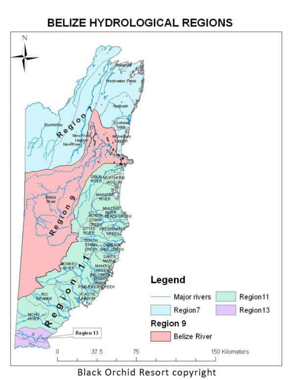 Map of Belize highlighting hydrological regions and major rivers.