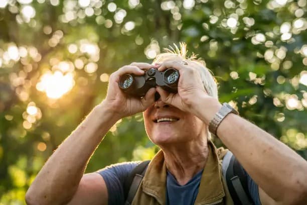 An older man uses binoculars while smiling outdoors, with sunlight filtering through trees.