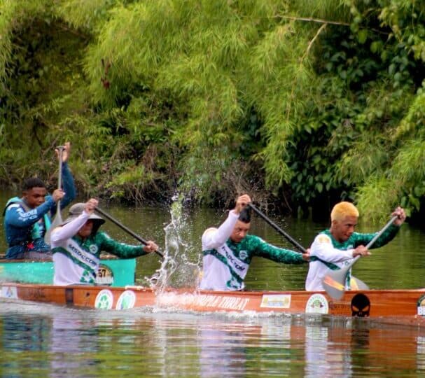 Four individuals paddle a canoe in a river surrounded by lush greenery.