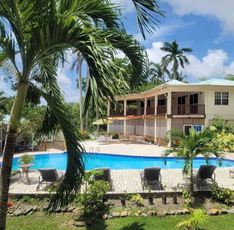 A sunny resort pool surrounded by palm trees and a two-story building.