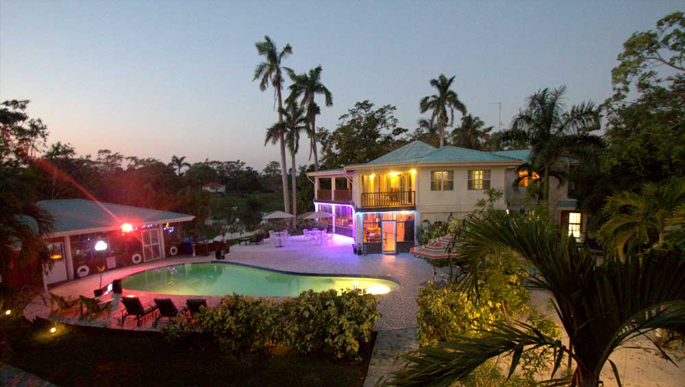 A tropical villa at dusk featuring a pool and palm trees.