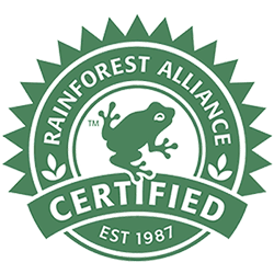 Rainforest Alliance Certified logo featuring a green frog and established in 1987.