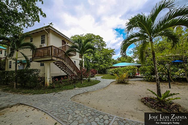 A tropical garden surrounds a two-story building with a staircase and palm trees under a partly cloudy sky.