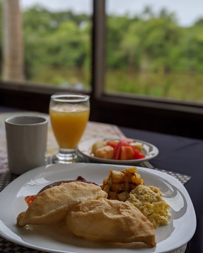 A breakfast plate featuring two pastries, scrambled eggs, diced potatoes, and a side of mixed fruit, accompanied by orange juice and coffee, with a green outdoor view in the background.