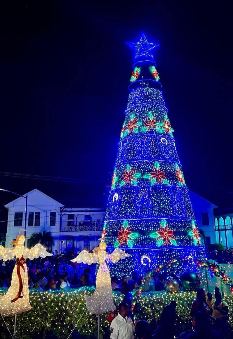 A brightly lit blue and green Christmas tree adorned with colorful decorations stands amidst a festive crowd at night.