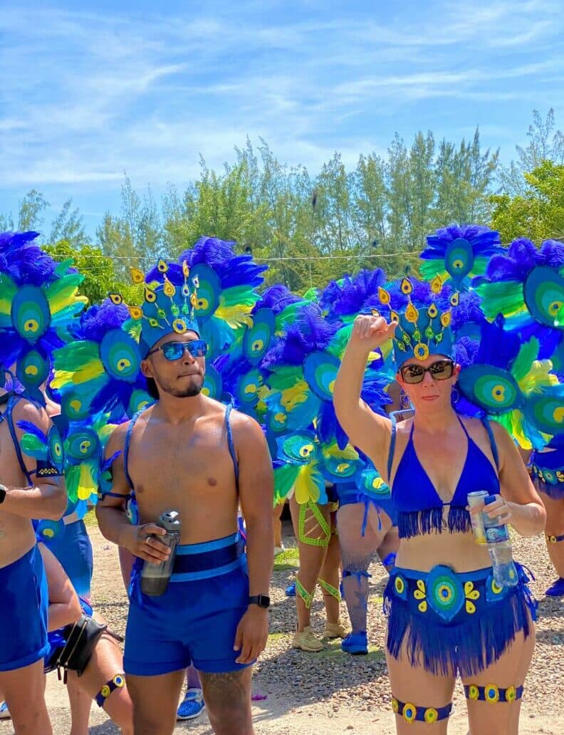 A group of costumed individuals in vibrant blue and green outfits with peacock feather headpieces celebrate in a sunny outdoor setting.