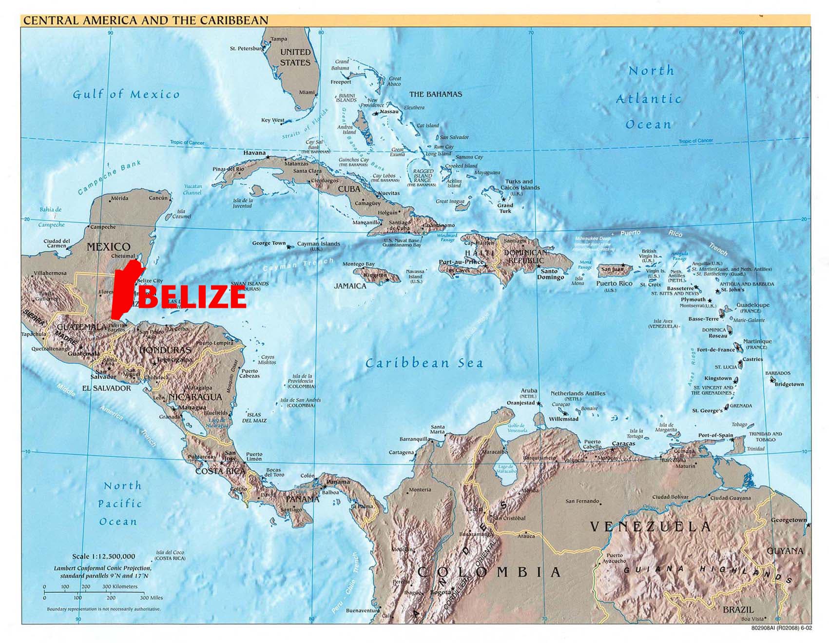 Map of Central America and the Caribbean, highlighting Belize in red.