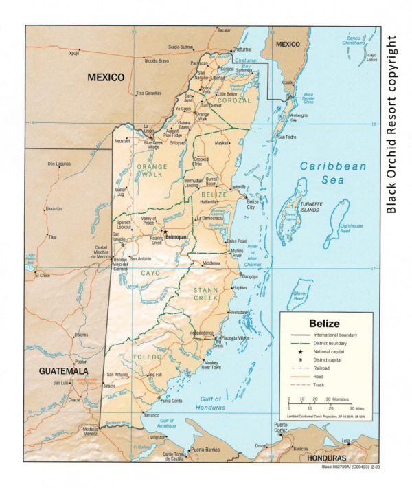 Map of Belize showing geographic features, boundaries, and major cities.