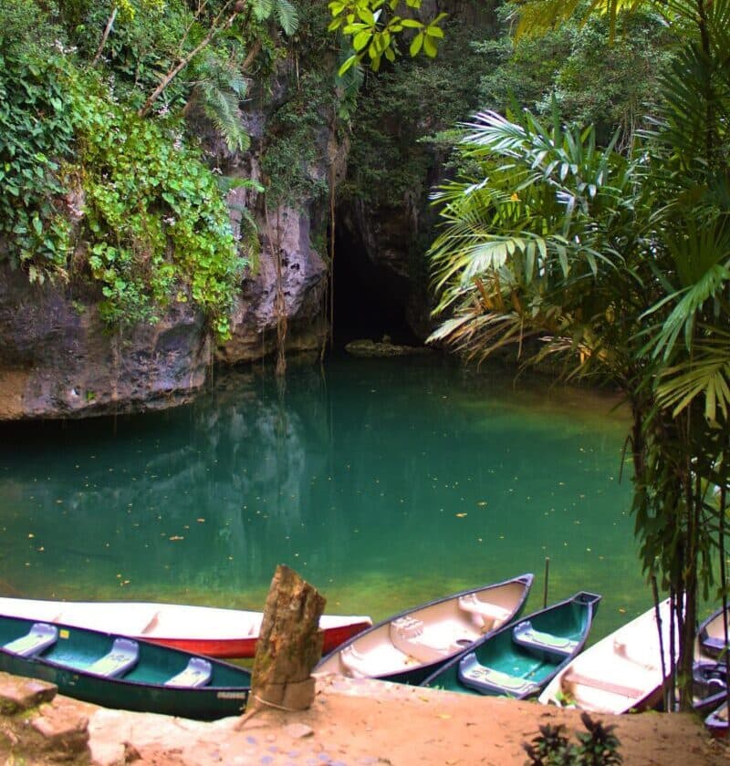 A serene waterway surrounded by lush greenery and colorful boats.