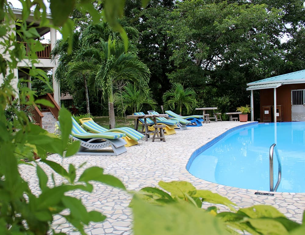 A tranquil poolside area featuring lounge chairs, tables, and lush greenery.