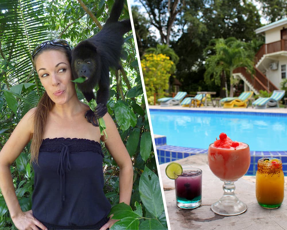 A woman playfully interacts with a monkey in a lush garden, alongside a colorful array of cocktails by a swimming pool.