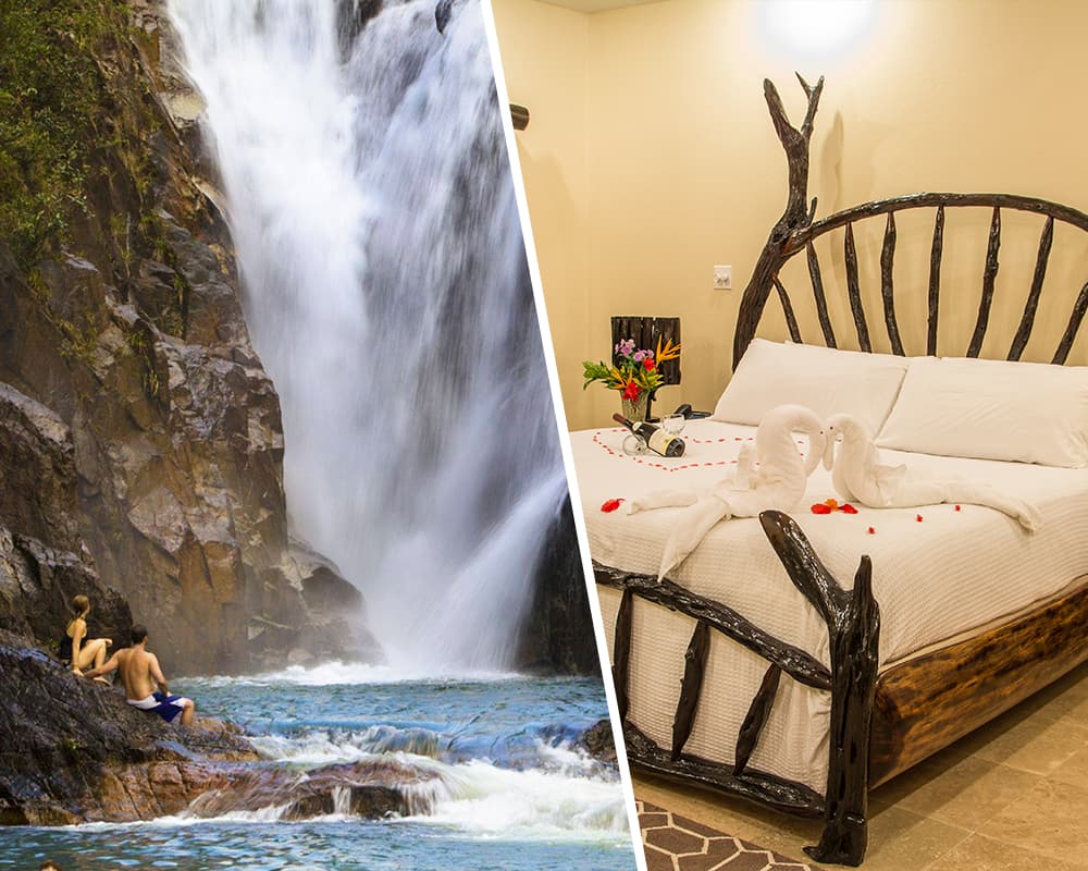 A split image featuring a serene waterfall with people bathing on one side and a rustic bedroom with a unique bed design on the other.