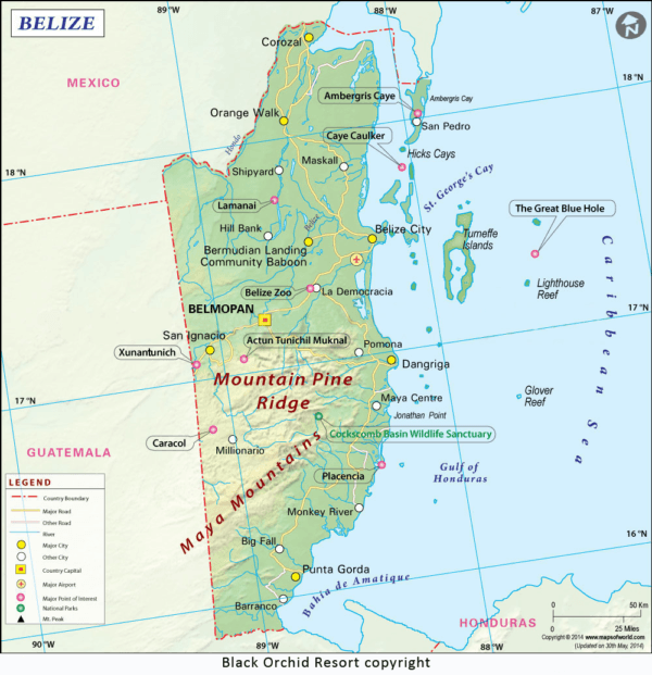 Map of Belize showing major cities, geographic features, and landmarks.