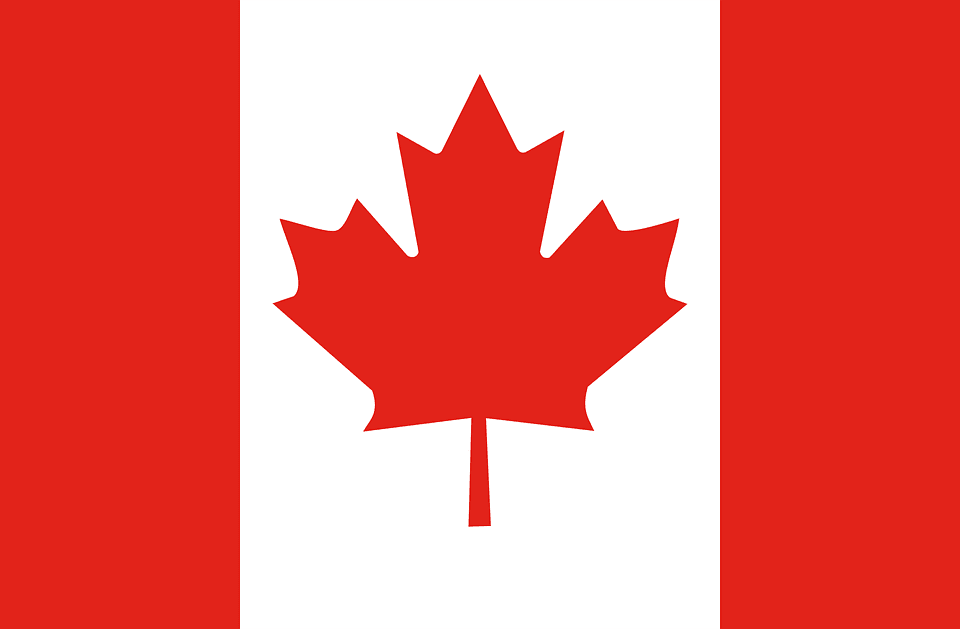 The flag of Canada featuring a red maple leaf on a white background between two vertical red bands.