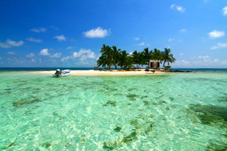A small, lush island with palm trees surrounded by clear turquoise water under a bright blue sky.