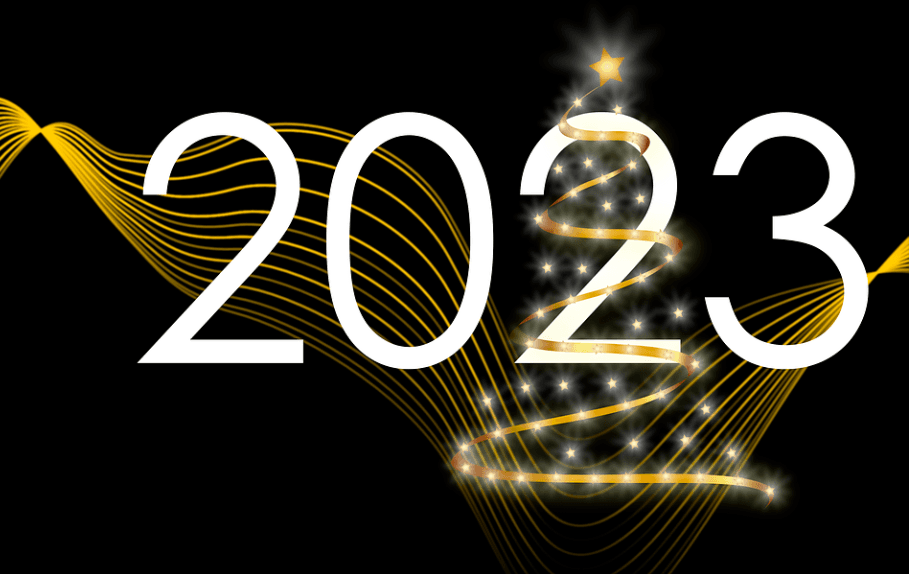 A stylized graphic featuring the year "2023" with a glowing Christmas tree design on a black background.
