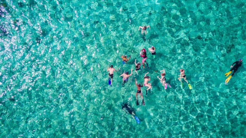 Aerial view of several people snorkeling in clear turquoise water.