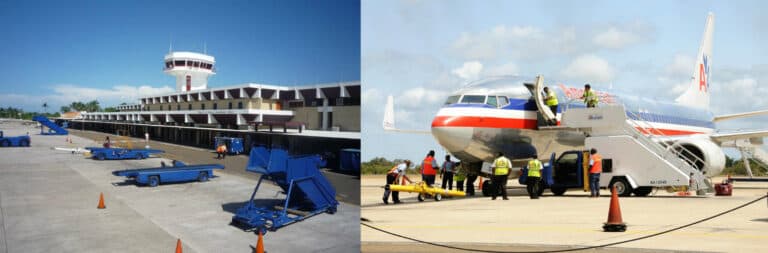 A split image showing an airport terminal on the left and passengers boarding a plane on the right.