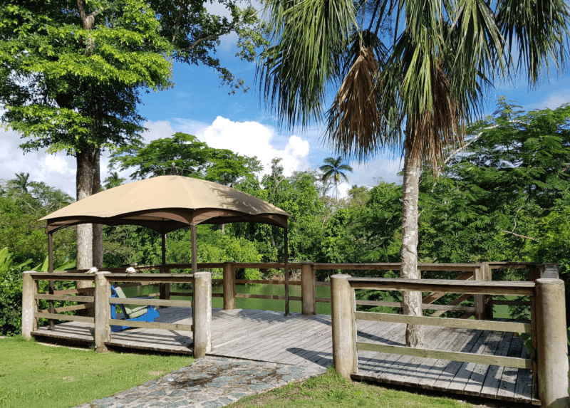 A wooden deck with a canopy near a lush green landscape and water.