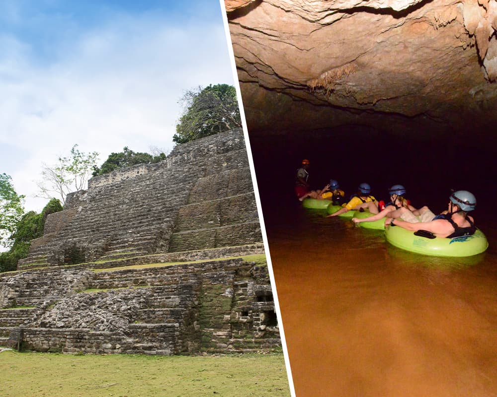 A split image featuring ancient ruins on the left and a group of people tubing in a dark cave on the right.
