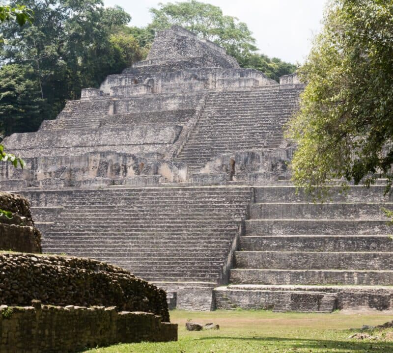 Ancient stone steps of a Mesoamerican pyramid surrounded by lush greenery.