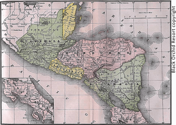 Historic map of Central America, highlighting Guatemala, Honduras, and Nicaragua in various colors.