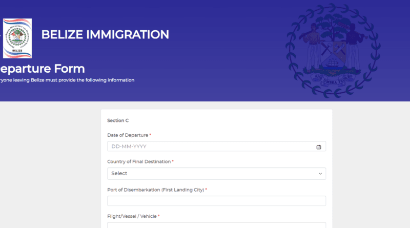 Belize Immigration departure form with fields for travel details.
