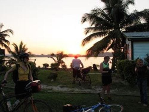A group of cyclists enjoys a sunset by a calm body of water, surrounded by palm trees.