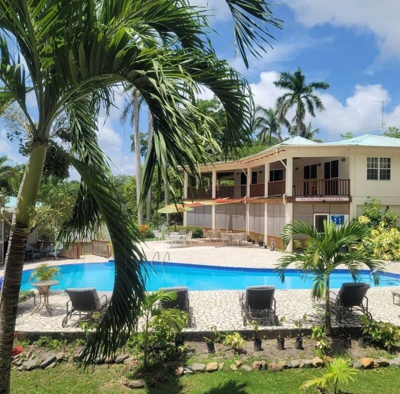 A clear blue swimming pool surrounded by lounge chairs and tropical plants, with a two-story building in the background.