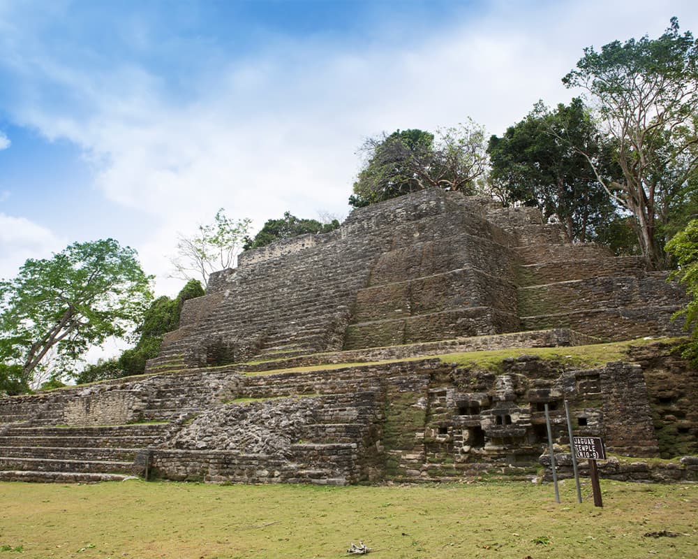 Ancient stone pyramid with lush greenery and a blue sky in the background.