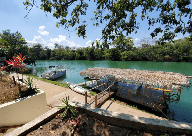 A serene river scene featuring a thatched-roof boat dock and lush greenery.