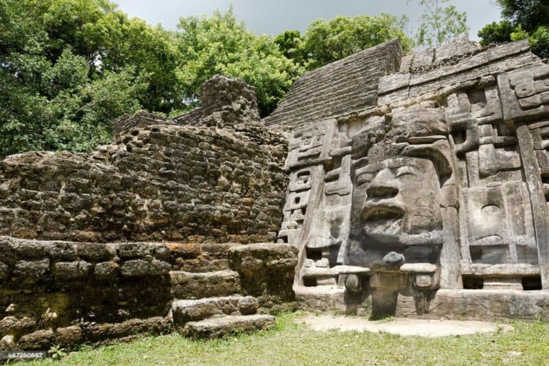 Ancient stone structure with a carved face, surrounded by greenery.